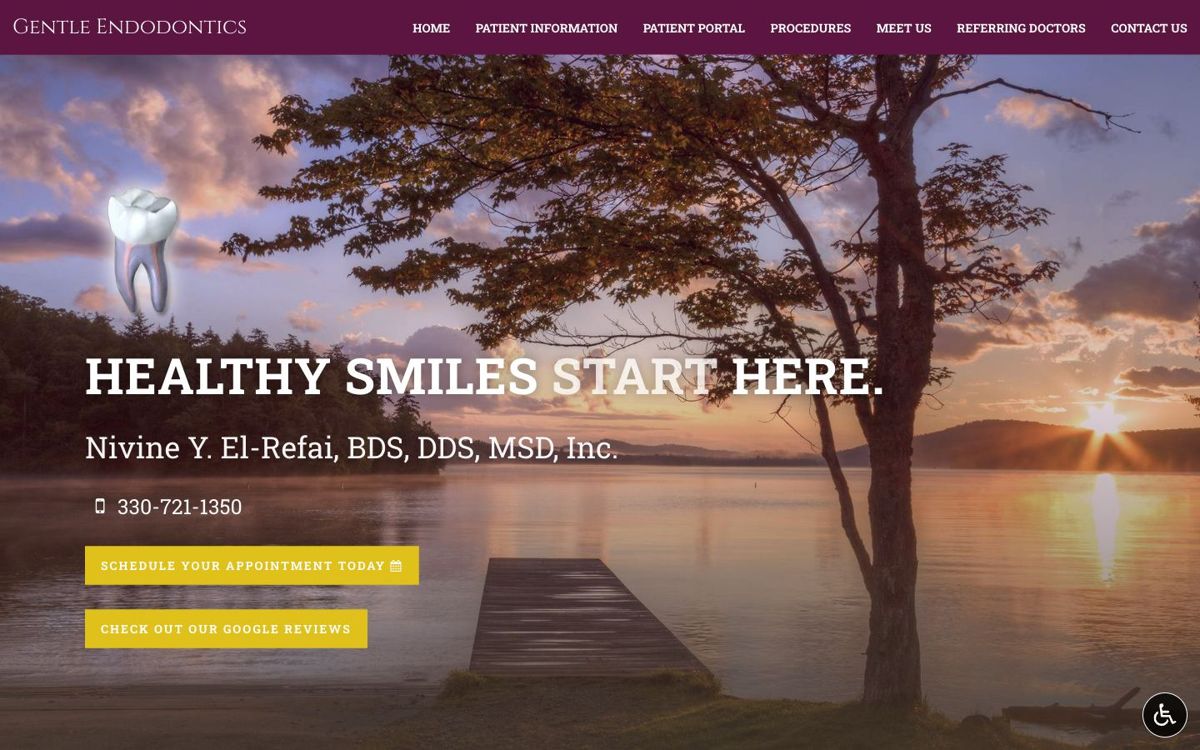 Current homepage: stock lake photo, floating tooth graphic, Healthy smiles start here